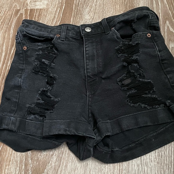 American Eagle AE High Rise Mom Jean Shorts Womens 8 Black Distressed Stretch - Picture 3 of 7